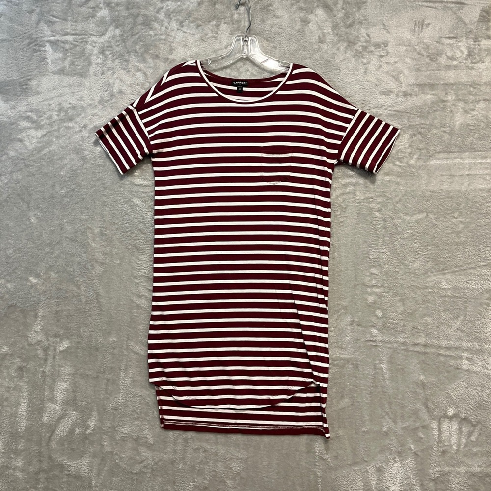 Express T-Shirt Dress Womens XS Burgundy Striped Short Sleeve‎ Pocket High Low